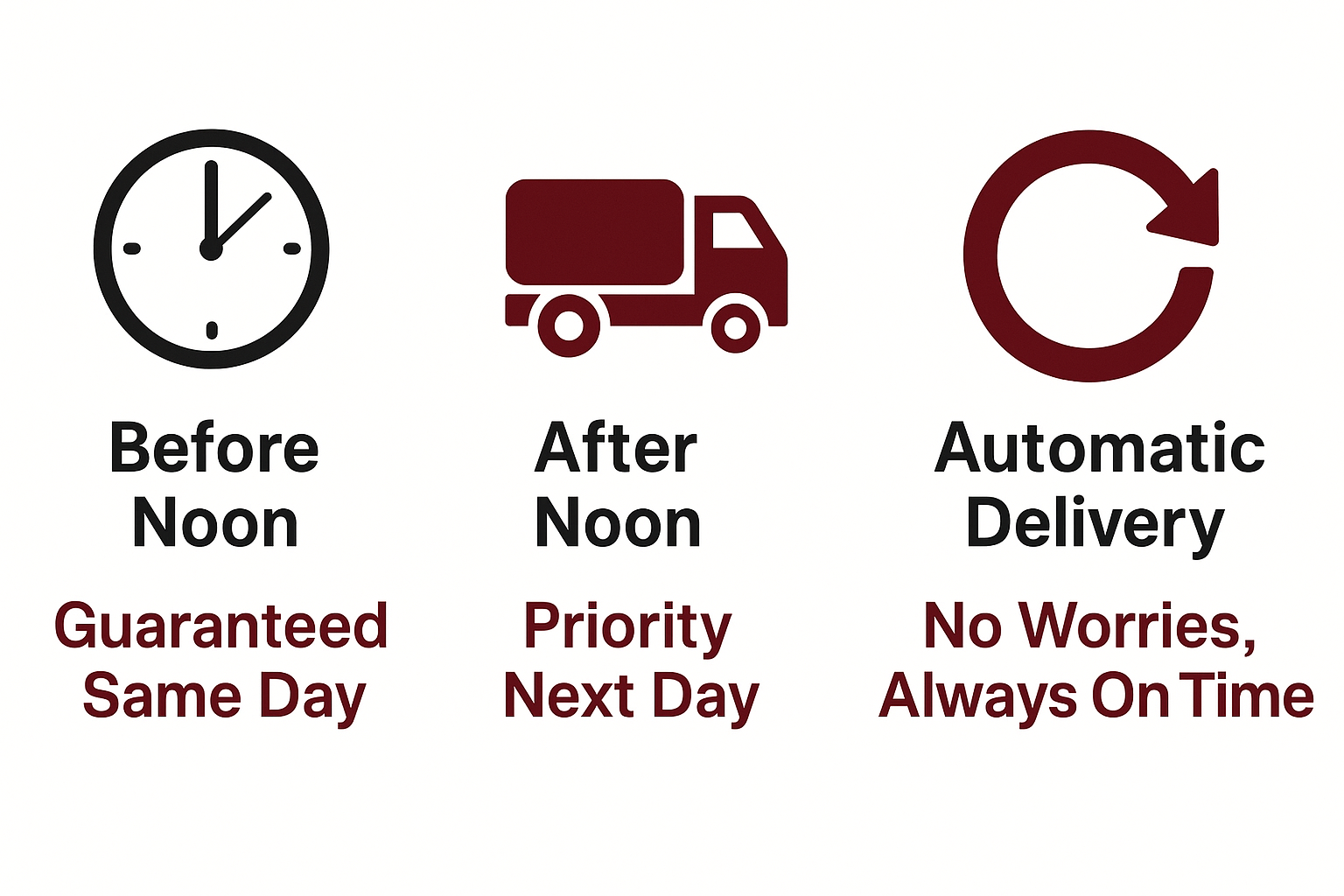 Infographic showing Same Day Oil Delivery Guarantee timeline – before noon guaranteed same-day, after noon priority next day, and automatic delivery ensures you never run out.Infographic showing Same Day Oil Delivery Guarantee timeline – before noon guaranteed same-day, after noon priority next day, and automatic delivery ensures you never run out.