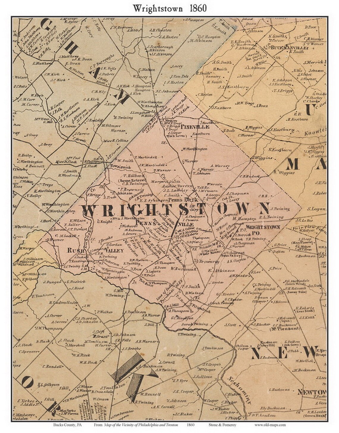 Historic 1860 map of Wrightstown Township in Bucks County Pennsylvania