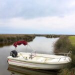 A center-console skiff moored against marsh grass on a New Jersey back bay