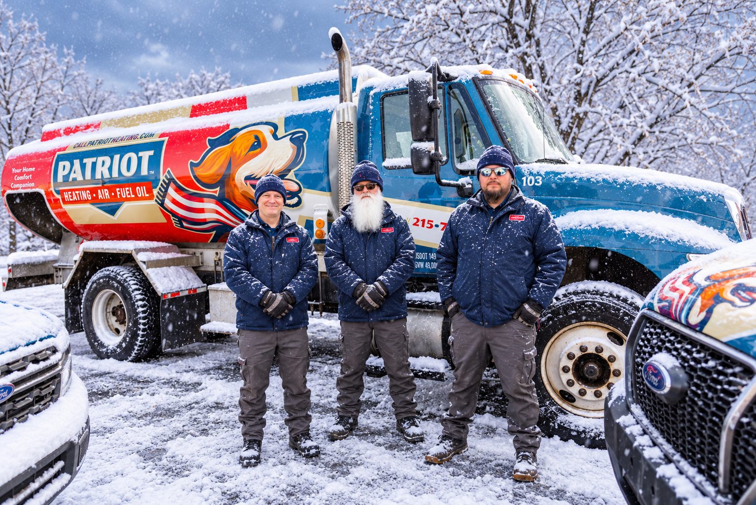 Three members of the delivery team in front of an oil truck on a snowy day